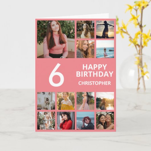 6e verjaardag Foto Collage 13 Foto's Roze en Wit Kaart (Gele Bloem)
