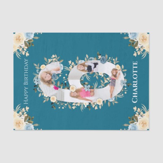 6e verjaardag Foto Collage Blauwgroen Blauwe Gele  Tissuepapier (Voorkant)