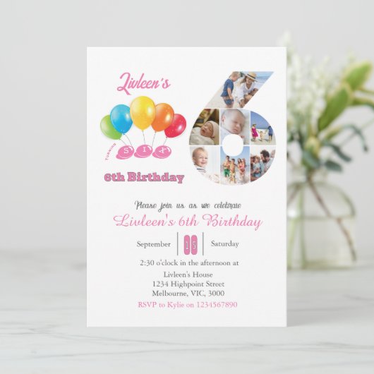 6e verjaardag foto collage nummer 6 Meisje Kaart (Staand voorkant)