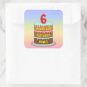 6e verjaardag: Fun Cake and Candle + Custom Name Vierkante Sticker (Tas)