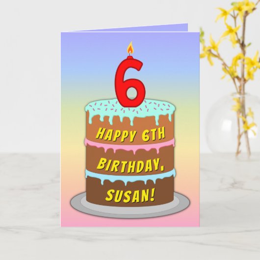 6e verjaardag — Fun Cake & Candle, met aangepaste  Kaart (Gele Bloem)