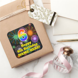 6e verjaardag: Fun Fireworks Kijk, regenboog # 6 Vierkante Sticker