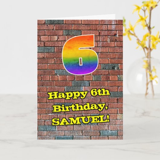 6e verjaardag: Fun Graffiti-geïnspireerde regenboo Kaart (Gele Bloem)