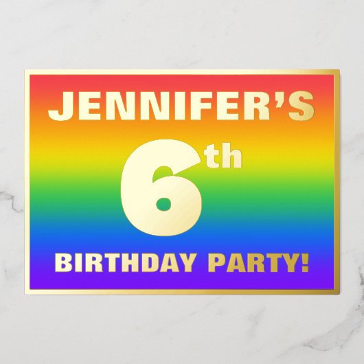 6e verjaardag: Fun, kleurrijk regenboogpatroon Folie Uitnodiging (Voorkant)
