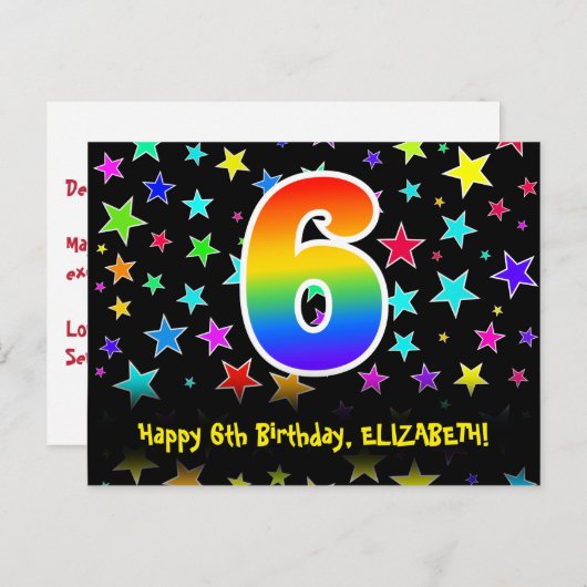 6e verjaardag: Fun Stars Pattern, Rainbow 6, naam Briefkaart (Voorkant / Achterkant)