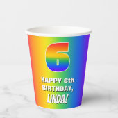 6e verjaardag: kleurrijk, vun regenboogpatroon # 6 papieren bekers (Voorkant)