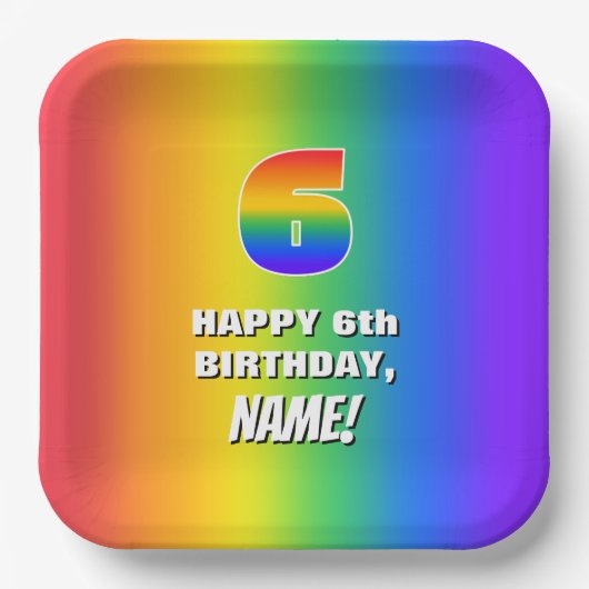 6e verjaardag: kleurrijk, vun regenboogpatroon # 6 papieren bordje (Voorkant)