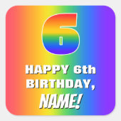 6e verjaardag: kleurrijk, vun regenboogpatroon # 6 vierkante sticker (Voorkant)