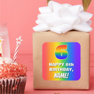 6e verjaardag: Kleurrijk, vun regenboogpatroon # 6 Vierkante Sticker