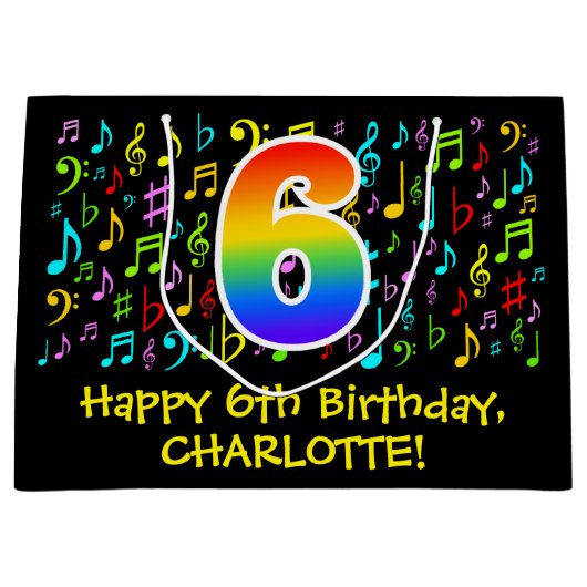 6e verjaardag - Kleurrijke muzieksymbolen, Rainbow Groot Cadeauzakje (Voorkant)
