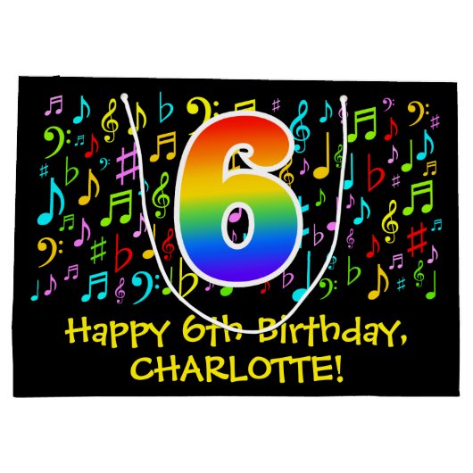 6e verjaardag - Kleurrijke muzieksymbolen, Rainbow Groot Cadeauzakje (Achterkant)