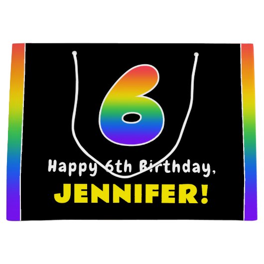 6e verjaardag: kleurrijke regenboog # 6, aangepast groot cadeauzakje (Voorkant)