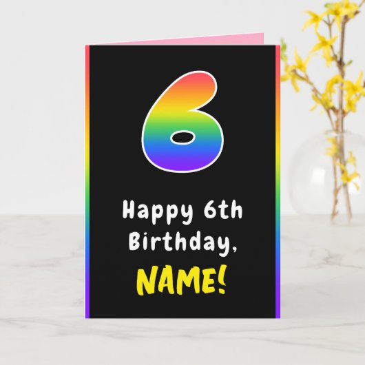 6e verjaardag: kleurrijke regenboog # 6, aangepast kaart (Gele Bloem)