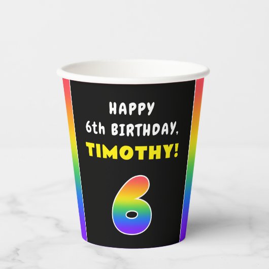 6e verjaardag: kleurrijke regenboog # 6, aangepast papieren bekers (Voorkant)