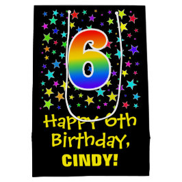 6e verjaardag: Kleurrijke Sterren Patroon & Regenb Medium Cadeauzakje