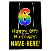 6e verjaardag: Leuk, Vet, Kleurrijk, Regenboog "6" Medium Cadeauzakje (Achterkant)