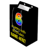 6e verjaardag: Leuk, Vet, Kleurrijk, Regenboog "6" Medium Cadeauzakje (Achterkant Gekanteld)
