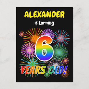 6e verjaardag - Leuk vuurwerk, regenbooglook "6" Briefkaart