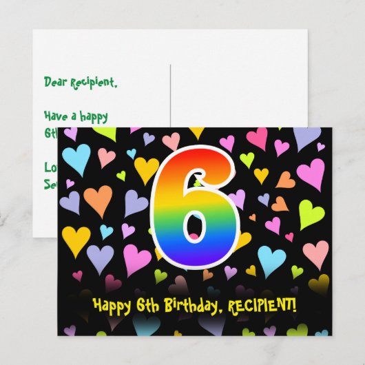 6e verjaardag: leuke hartenpatroon, regenboog 6 briefkaart (Voorkant / Achterkant)