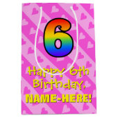 6e verjaardag: Leuke roze harten Strepen & Regenbo Medium Cadeauzakje (Voorkant)