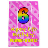 6e verjaardag: Leuke roze harten Strepen & Regenbo Medium Cadeauzakje (Achterkant)