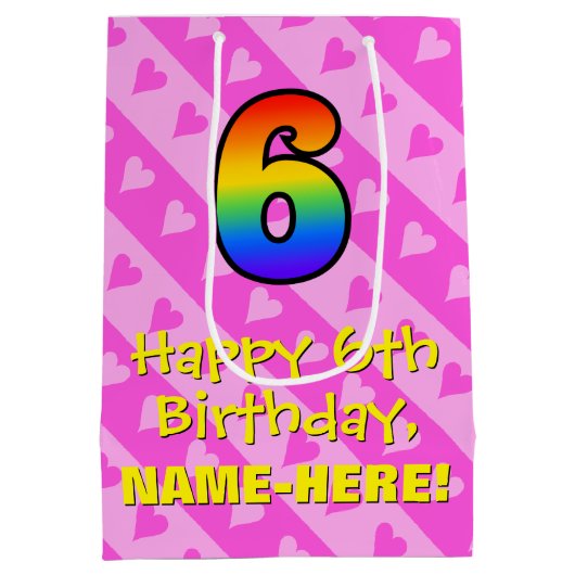 6e verjaardag: Leuke roze harten Strepen & Regenbo Medium Cadeauzakje (Achterkant)