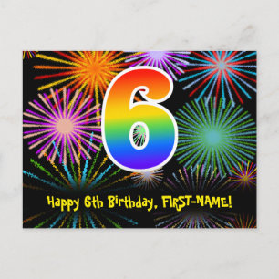 6e verjaardag – Leuke vuurwerkpatroon + Regenboog  Briefkaart