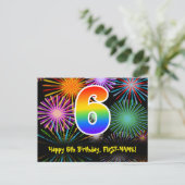 6e verjaardag – Leuke vuurwerkpatroon + Regenboog  Briefkaart (Staand voorkant)