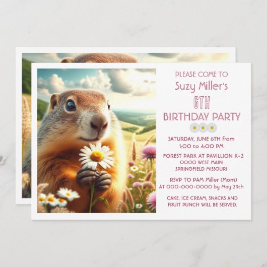 6e verjaardag meisje dier en Daisy Kaart (Voorkant / Achterkant)