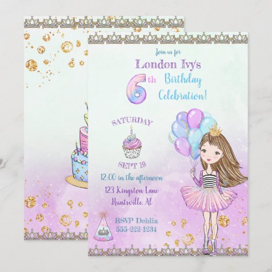 6e verjaardag meisje prinses cupcake ballonnen kaart (Voorkant / Achterkant)