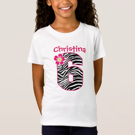 6e verjaardag meisje, warm roze en zwart Zebrapatr T-shirt (Voorkant)