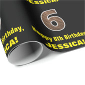 6e verjaardag: Naam & Faux Wood Grain Patroon "6" Cadeaupapier (Rol Hoek)