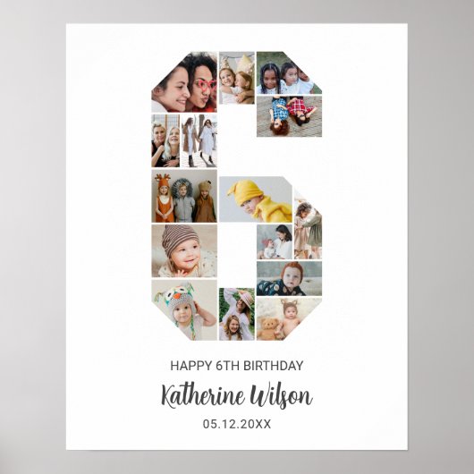 6e Verjaardag Nummer 6 Fotocollage Aangepast Afbee Poster (Voorkant)