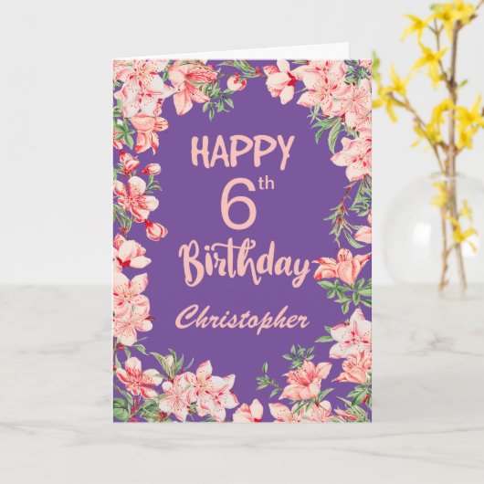 6e verjaardag Paarse Pink Peach Waterverf Floral Kaart (Gele Bloem)