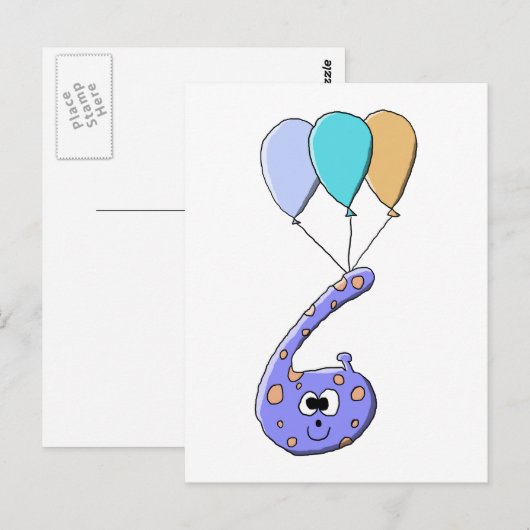 6e verjaardag, Paarse verjaardag Monster Cartoon. Briefkaart (Voorkant / Achterkant)