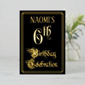 6e verjaardag Partij - Fancy Manuscript & de Naam  Folie Uitnodiging (Staand Voorkant)