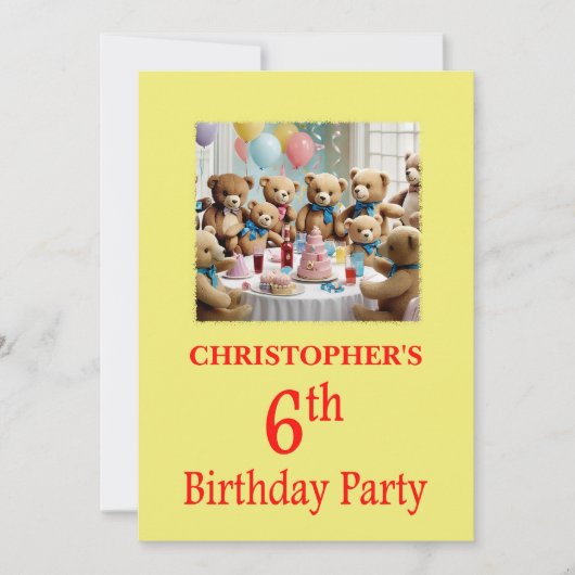 6e verjaardag Party uitnodiging Teddy Bears Party (Voorkant)