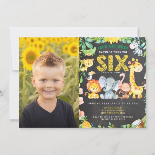 6e Verjaardag Party Zoo Oerwoud Animals Boy Foto Kaart (Voorkant)