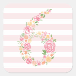 6e verjaardag Pink Stripes & Waterverf Floral SIX Vierkante Sticker