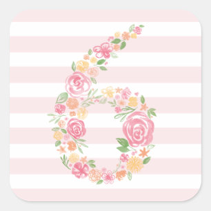 6e verjaardag Pink Stripes & Waterverf Floral SIX Vierkante Sticker