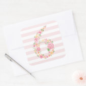 6e verjaardag Pink Stripes & Waterverf Floral SIX Vierkante Sticker (Envelop)