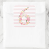 6e verjaardag Pink Stripes & Waterverf Floral SIX Vierkante Sticker (Tas)
