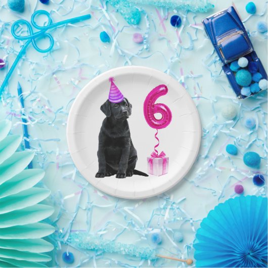 6e Verjaardag Puppy Thema- Schattige Hond Roze Mei Papieren Bordje (Feest)