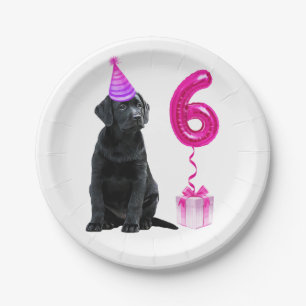 6e Verjaardag Puppy Thema- Schattige Hond Roze Mei Papieren Bordje