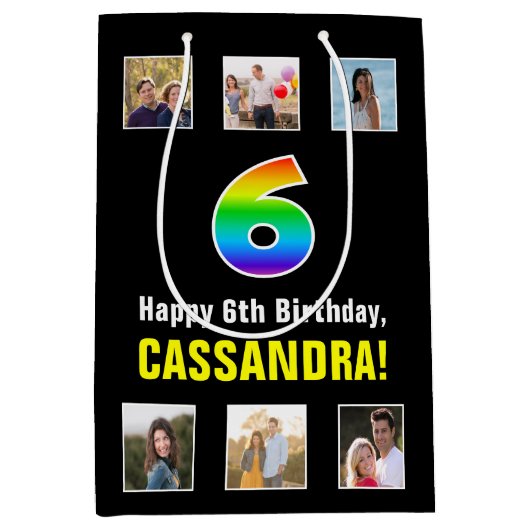 6e verjaardag: Regenboog "6", aangepaste foto's & Medium Cadeauzakje (Voorkant)