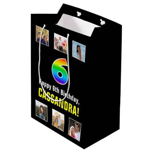 6e verjaardag: Regenboog "6", aangepaste foto's &  Medium Cadeauzakje (Achterkant Gekanteld)