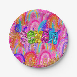 6e verjaardag regenboog sequin papieren bordje
