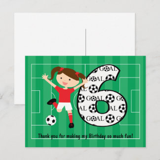 6e verjaardag rood en wit voetbal meisje 1 briefkaart