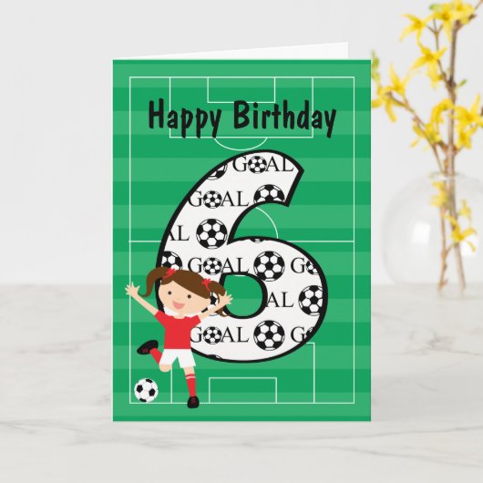 6e verjaardag rood en wit voetbal meisje 1 kaart (Gele Bloem)