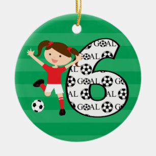 6e verjaardag Rood en wit voetbalmeisje 1 Keramisch Ornament